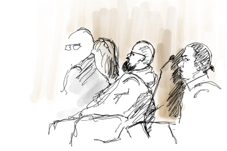 Illustration från rättegången mot de tre före detta Knutbypastorerna, bland dem Åsa Waldau och Peter Gembäck. Arkivbild.