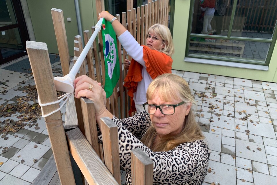 Pedagogen Carina Sörensen och rektorn Barbara Rogowski har en del bry med att få Grön flagg på plats.