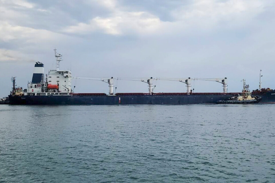 Fartyget Rizoni lämnar Odessas hamn med 26|000 ton spannmål under måndagsmorgonen. Bilden kommer från Ukrainas infrastrukturdepartement.