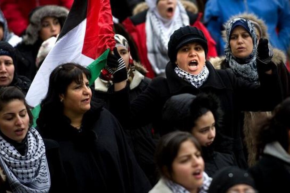 Cirka 250 personer deltog på lördagen i en manifestation mot Israels offensiv i Gaza. Bilder: Lasse Ottosson.