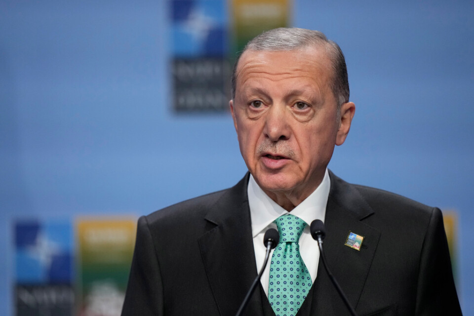 Turkiets president Recep Tayyip Erdogan säger till reportrar att Ukraina får fortsätta att exportera spannmål. Arkivbild.