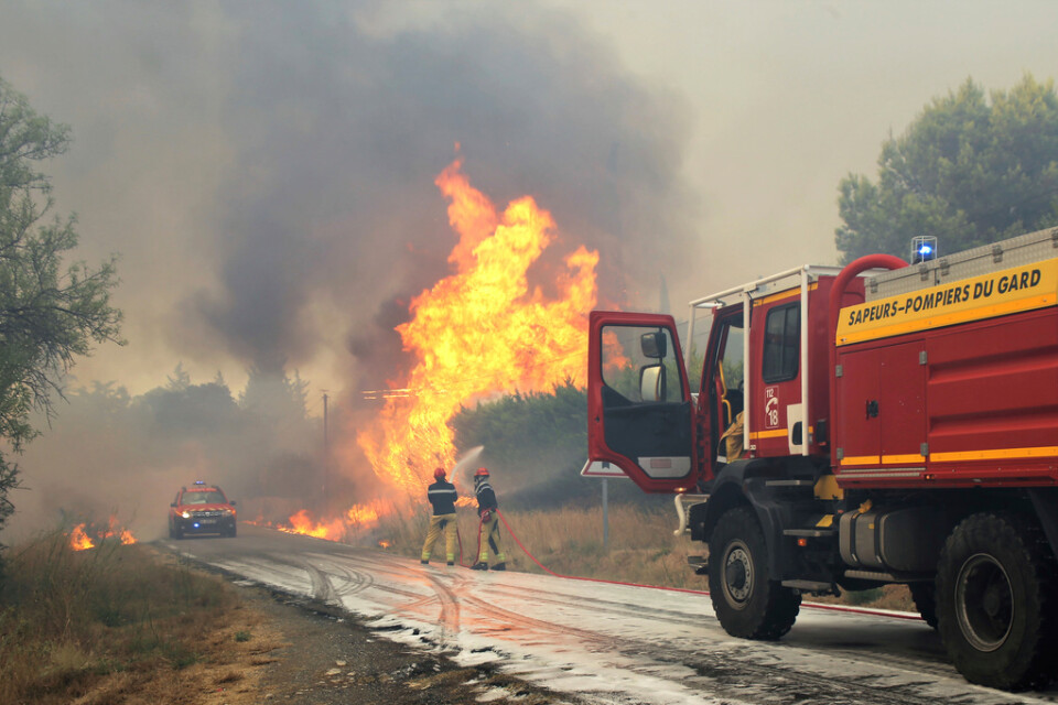 Frankrike har de senaste veckorna drabbats av flera förödande skogsbränder. Bild från en brand i Aubais i södra Frankrike förra veckan.