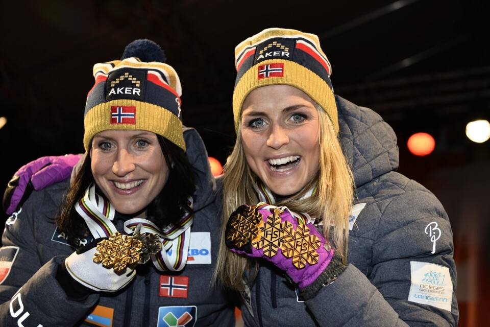 Marit Bjørgen och Therese Johaug tillhör samma långloppsteam. Kanske får comebackande Bjørgen sällskap i spåren av världsstjärnan Johaug i vinter. Arkivbild.