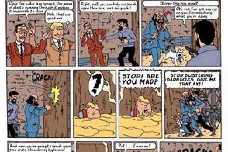 En sida ur ett Tintin-äventyr. Den 22 maj skulle Tintins tecknare Georges Remi, mera känd som Hergé, fyllt 100 år.