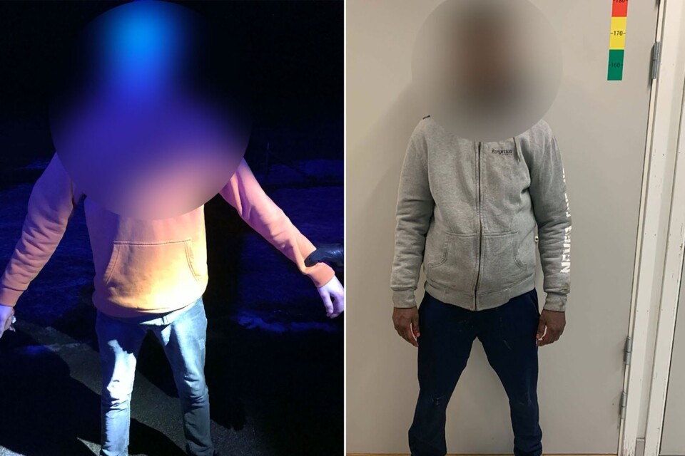 Polisens bild av 22-åringen när han gripits i en taxi på väg in till Kalmar efter guldkuppen i Borgholm, samt hans kumpan 20-åringen fotograferad på polisstationen.