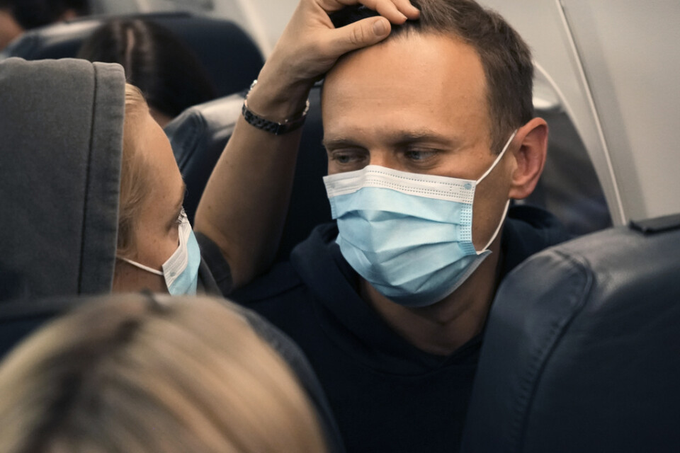 Aleksej Navalnyj och hans hustru Julia på det flygplan som tog dem från Berlin till Moskva.