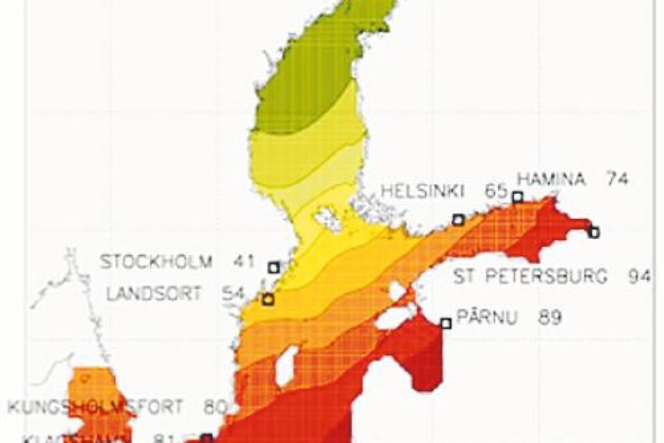 Karta: SMHI Katastrofscenario. På uppdrag av regeringens Klimat- och Sårbarhetsutredning har SMHI plockat fram tre kartor över hur havsnivåhöjningen i Östersjön skulle kunna påverka Sverige år 2 100. Den aktuella kartan visar hur en höjning på 88 cm skulle drabba Blekinge, som här utpekas som en högriskzon.