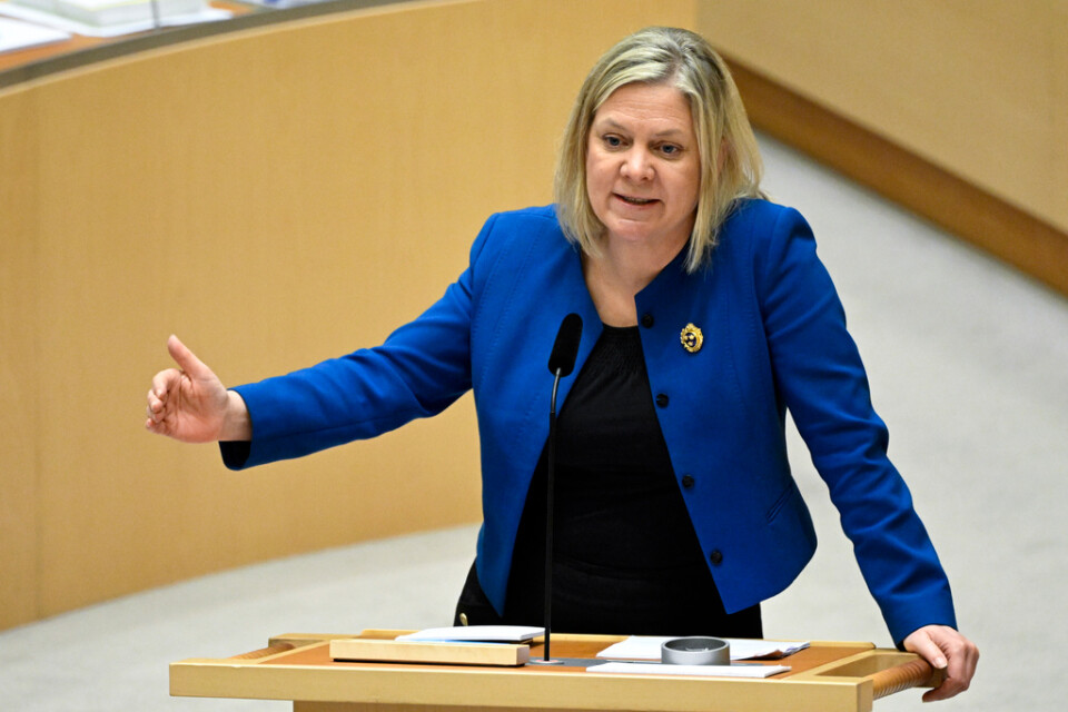 Statsminister Magdalena Andersson (S) under torsdagens frågestund i riksdagen.