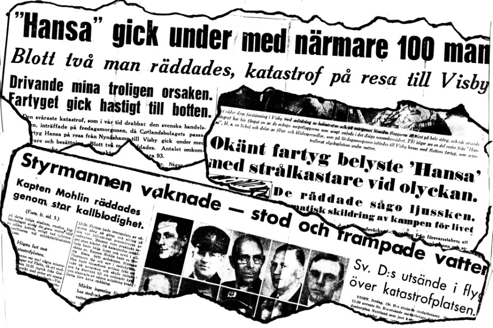 Tidningsrubriker från olika dags och -morgontidningar om katastrofen med passagerarfärja S/S Hansa som förliste 44 km norr om Visby efter att ha torpederats av den sovjetiska ubåten L21 på sin färd från Nynäshamn till Visby. Arkivbild.