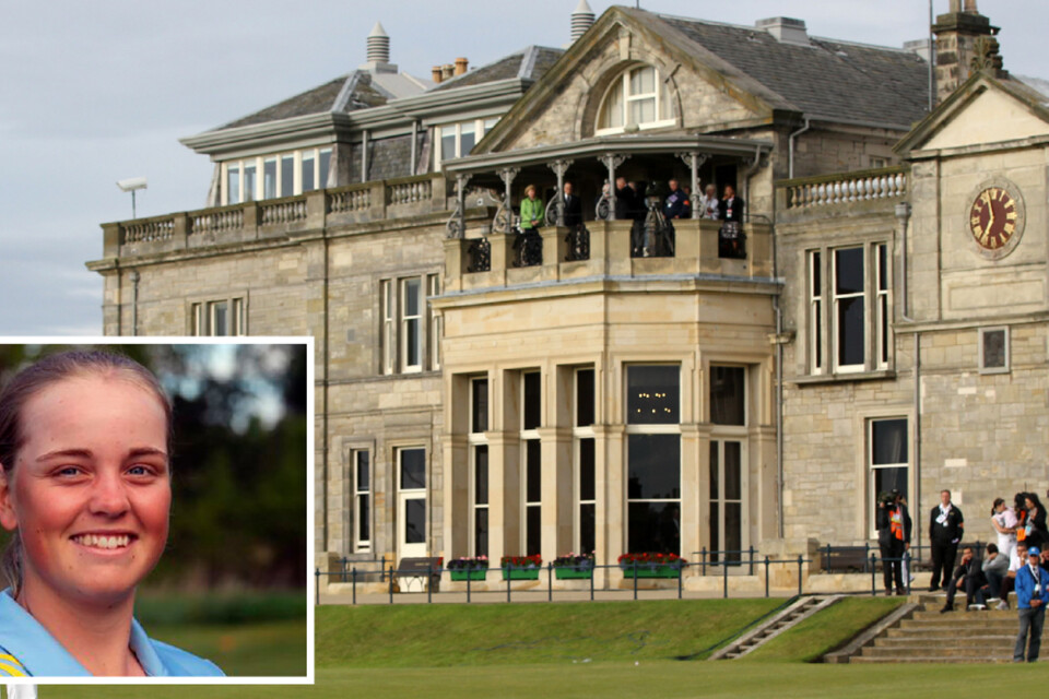 Maja Stark och det legendariska klubbhuset på klassiska British Open-banan St. Andrews. Årets turnering spelas dock på Royal Lytham & St Annes Golf Club i England.