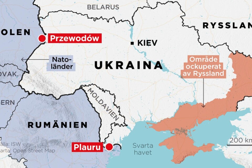 Kartan visar Przewodów i Polen och Plauru i Rumänien där rester efter drönare och robotar hittats i samband med ryska attacker mot Ukraina.