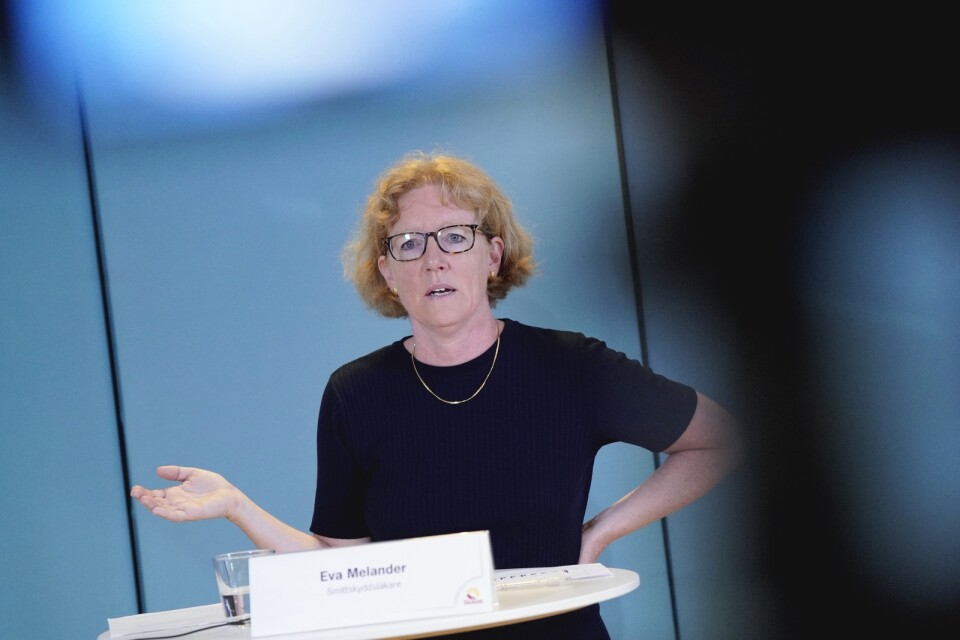 Eva Melander, smittskyddsläkare, under onsdagens pressträff med Regions Skåne i Regionhuset i Malmö om coronapandemins utveckling i regionen.