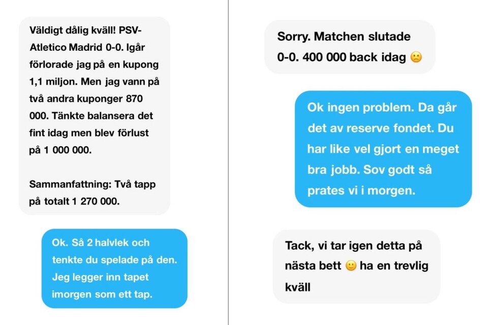Utdrag ur en sms-konversation mellan den åtalade boråsaren och hans norske kompanjon i spelklubben.