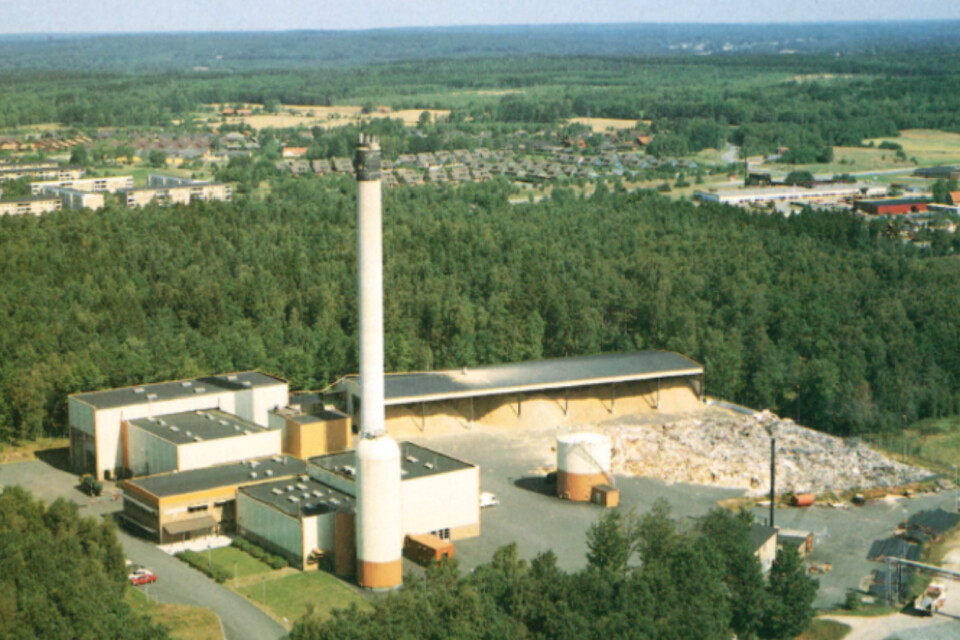 En flygbild över värmeverket i Hässleholm, 1990-tal, ur en av Energiverkets årsredovisningar. Beleverket.