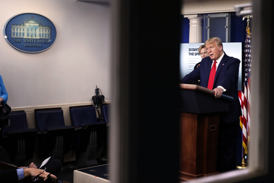 USA:s president Donald Trump vid sin presskonferens i Vita husets pressrum på tisdagen.
