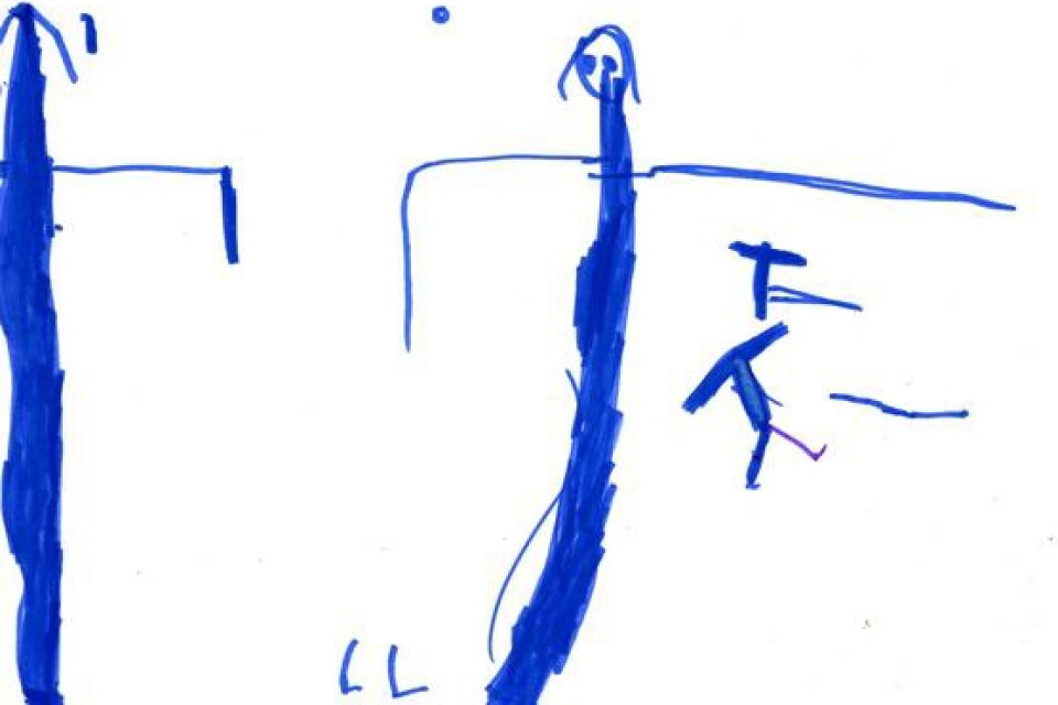 Lykke 3 1/2 år, Lyckebo förskola i Ystad har tecknat pappa och sig själv.
