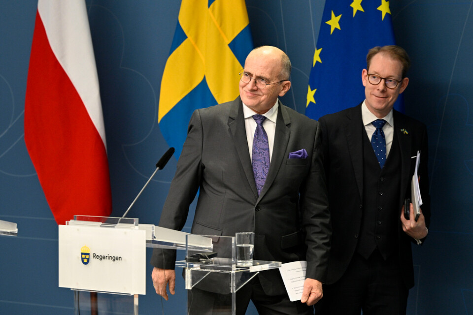 Utrikesminister Tobias Billström under en pressträff med Polens utrikesminister Zbigniew Rau.