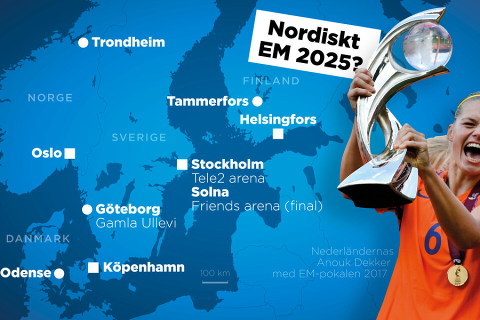 Spelorterna i de nordiska ländernas ansökan om att få arrangera fotbolls-EM 2025.