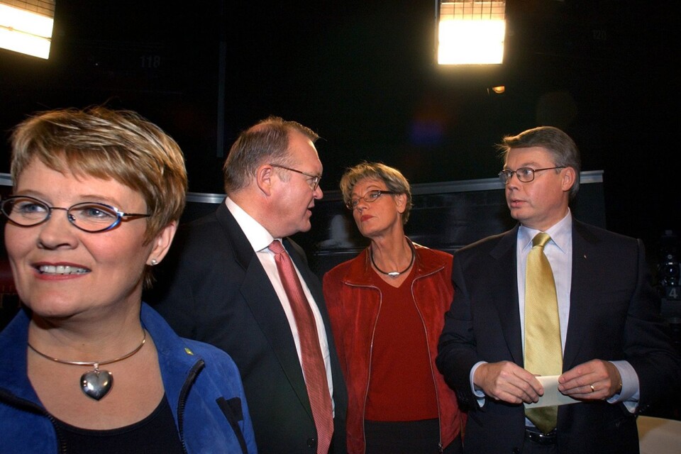 Partiledardebatterna 2002 var annorlunda än dagens. Maud Olofsson (C), Göran Persson (S), Gudrun Schyman (V) och Bo Lundgren (M) fick svara på frågor som inte ställs längre.