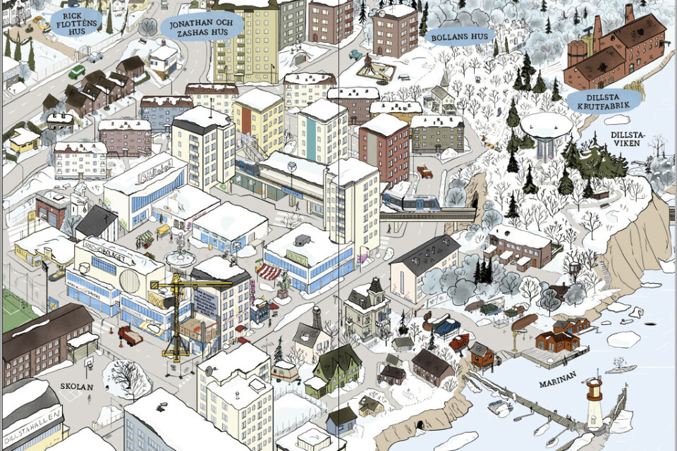 Karta över den fiktiva Stockholmsförorten Dillsta i barnboken "Dillstaligan: Juvelkuppen" av Jens Lapidus och Gustaf Lord. Illustration: Gustaf Lord