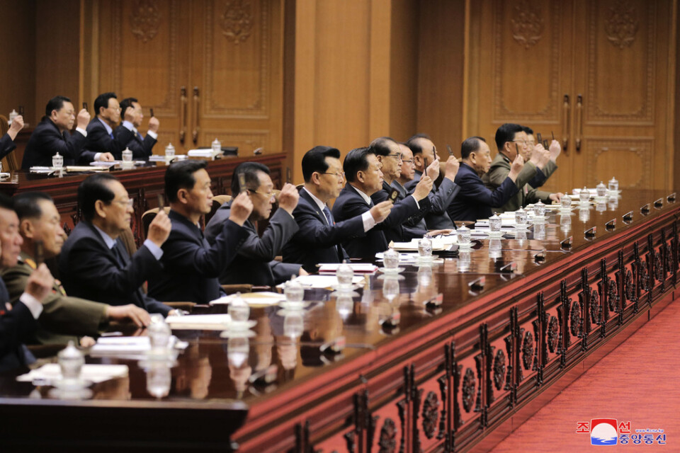 Ledamöter i det nordkoreanska parlamentet Högsta folkförsamlingen under sammanträdet i söndags. Bilden kommer från den statliga nyhetsbyrån KCNA.