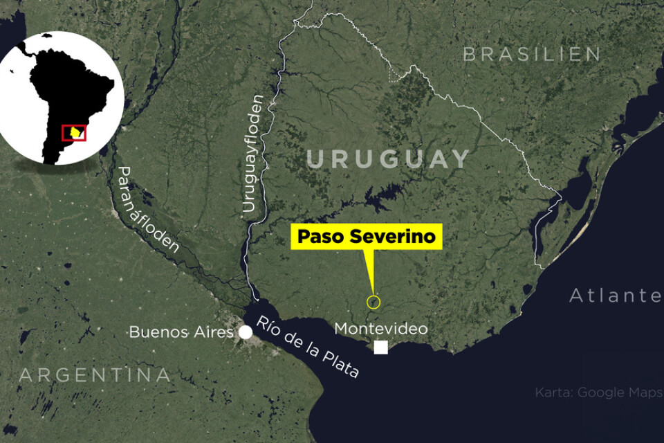 Kartan visar Paso Severino, vattenreservoaren som förser hälften av Uruguays invånare med kranvatten.