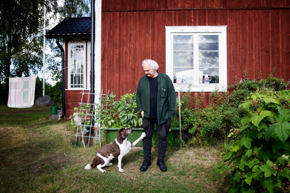 Författaren, chefredaktören och debattören Göran Greider och hunden Stina vid sommarhuset i Dala-Floda. Greider är aktuell med boken "En av dess morgnar ska du stiga upp sjungande".