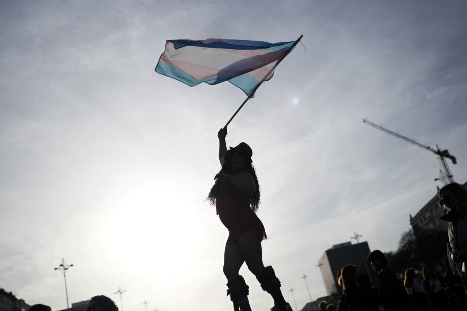 En protestant viftar på flaggan för transpersoners rättigheter på International Transgender Day of Visibility i Lissabon den 31 mars i år.
