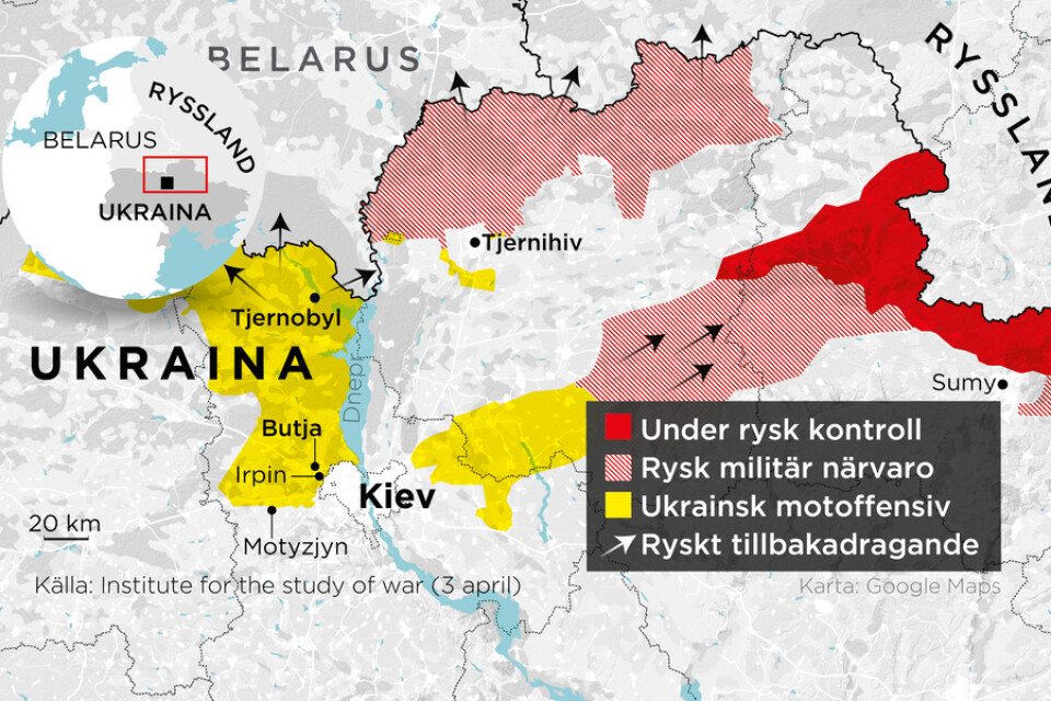 Regionerna runt Kiev, där hundratals kroppar hittats efter den ryska reträtten.