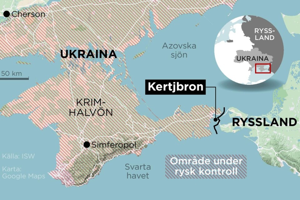 Kartan visar Kertjbron som sammanbinder Krimhalvön med Ryssland.