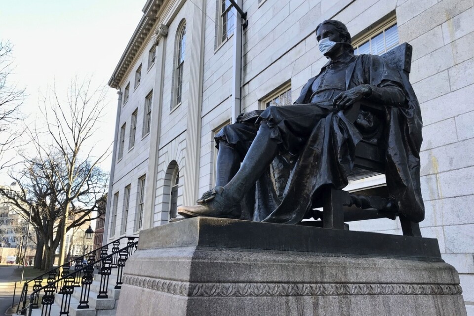 Den välkända John Harvard-statyn på universitetets campus i Cambridge har också fått ett munskydd. Arkivbild.