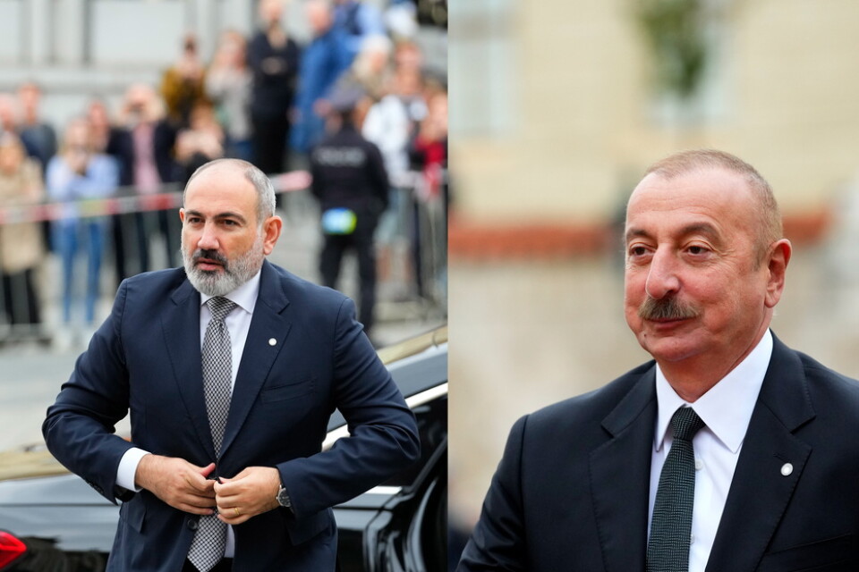 Armeniens premiärminister Nikol Pasjinjan, till vänster, och Azerbajdzjans president Ilham Aliyev. Arkivbilder.