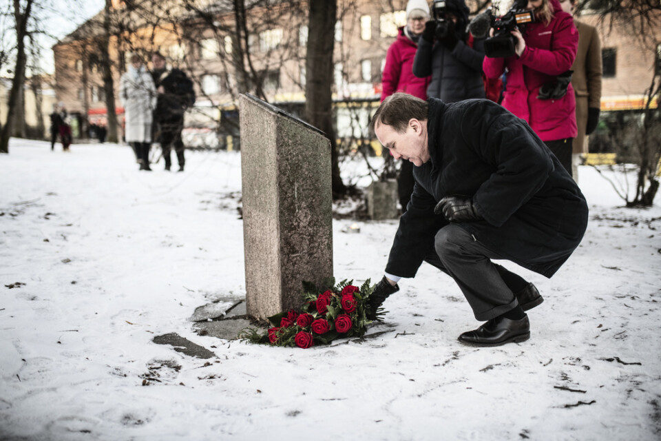 Statsminister Stefan Löfven (S) lägger blommor vid Olof Palmes minnesmärke i Kyrkparken i Östersund, 34 år efter mordet.