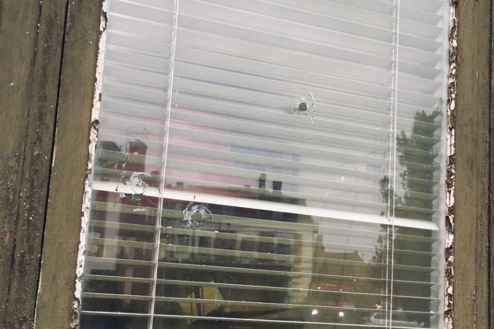 Tre kulhål syns i fönstret där skottlossningen ägde rum.