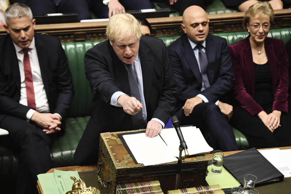 Storbritanniens premiärminister Boris Johnson under lördagens debatt i underhuset.