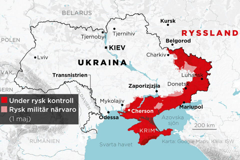 Områden under rysk kontroll samt områden med rysk militär närvaro den 1 maj.