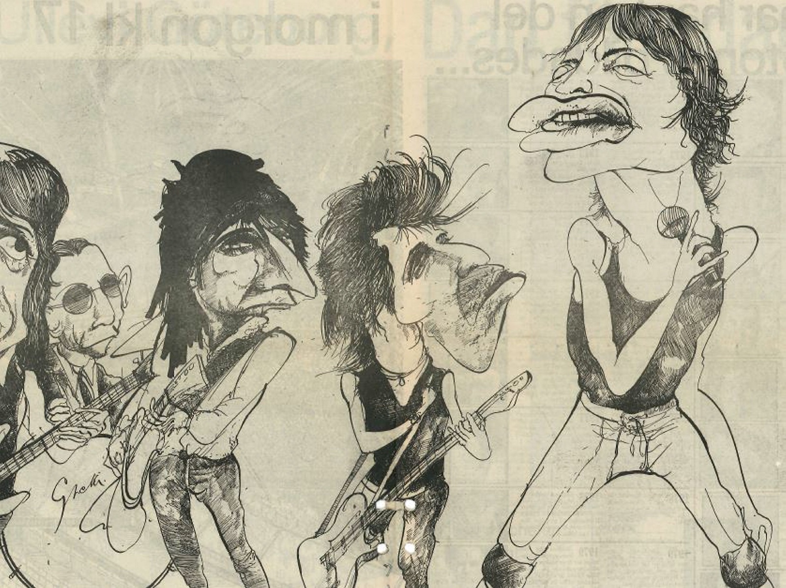 Rolling Stones i en gammal Aftonbladet-bilaga. Tecknat av André Prah.
