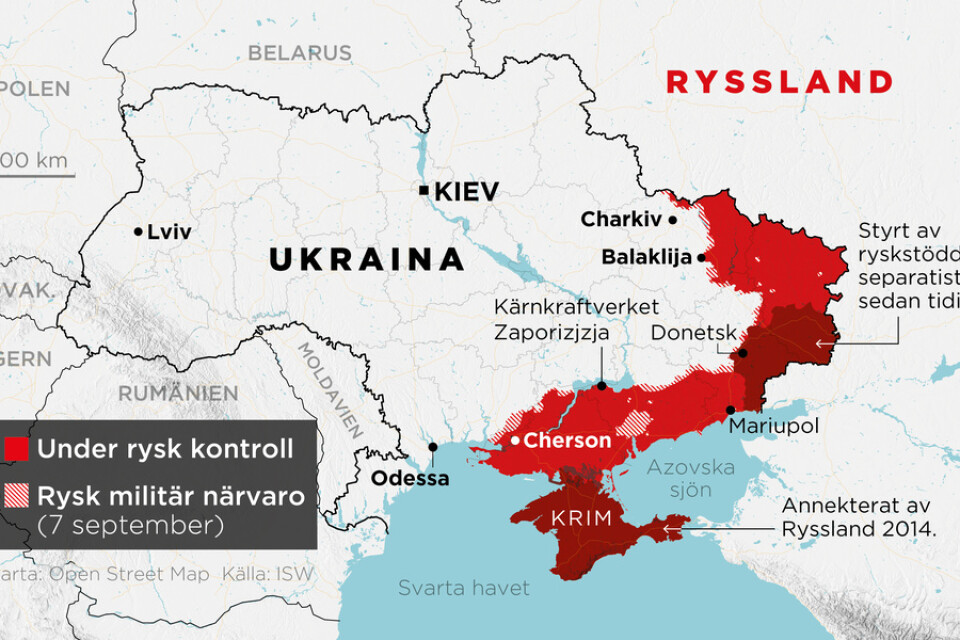 Områden under rysk kontroll samt områden med rysk militär närvaro 7 september