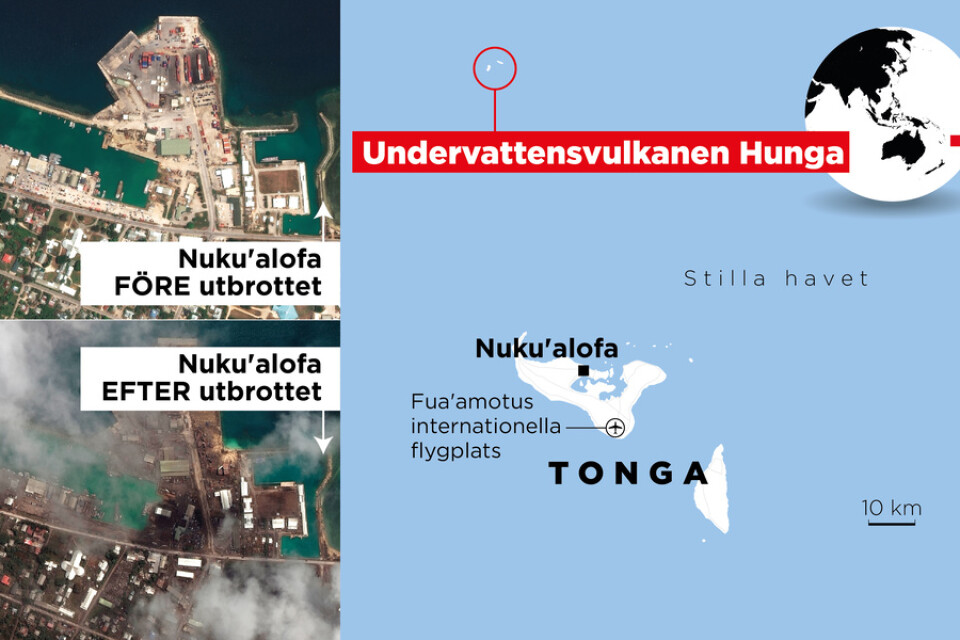 Tongas huvudstad Nuku'alofa, före och efter utbrottet.
