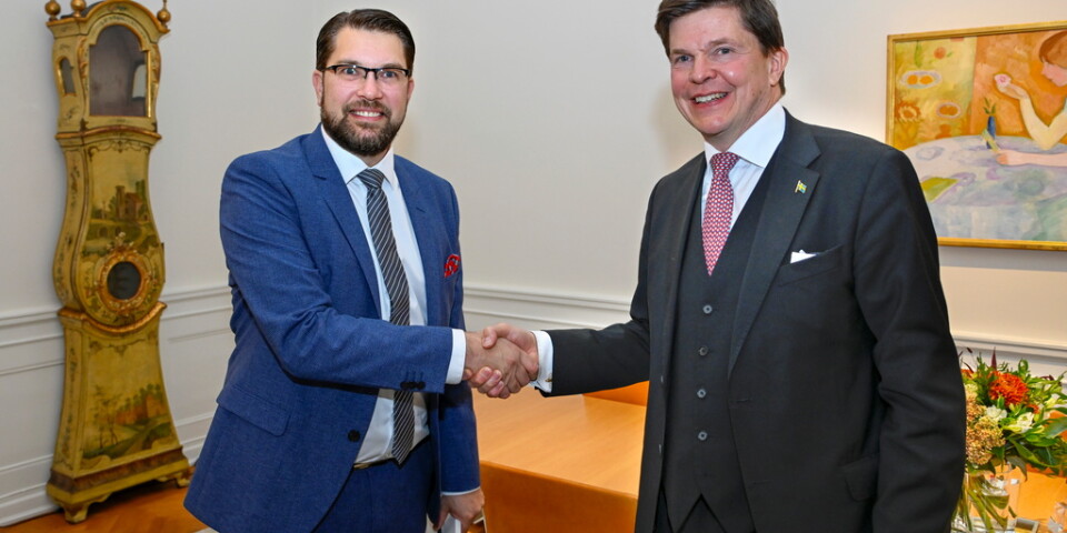 Sverigedemokraternas partiledare Jimmie Åkesson (SD) och riksdagens talman Andreas Norlén inför dagens talmansrunda.