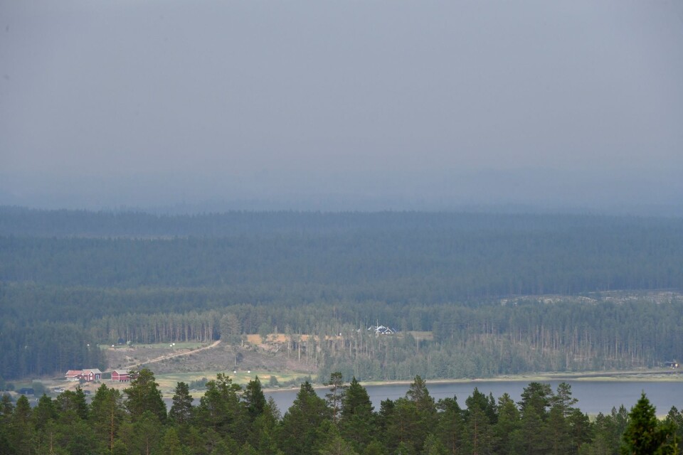 Rök från branden i Älvdalens skjutfält ligger tung över skogen.