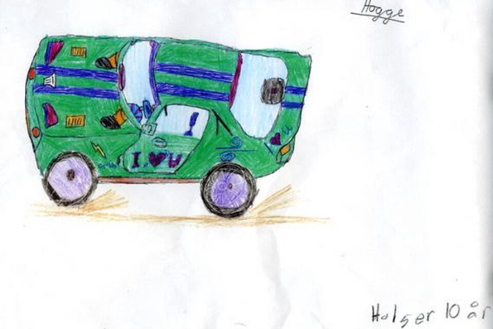 En fräck sportbil. Holger Olsson heter killen som ritat teckningen. Holger är tio år.