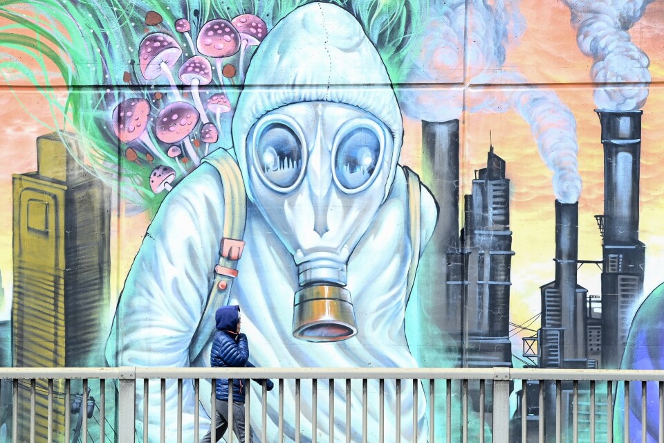 En person passerar framför en av de muralmålningar som togs fram i Toronto, Kanada till Earth Day i april 2021.