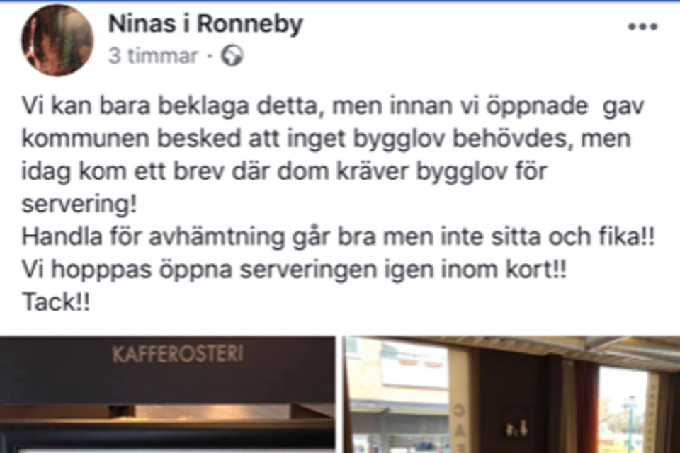 Ninas Konditori lade ut nyheten om den stängda serveringen på Facebook på tisdagsförmiddagen.