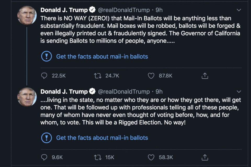 Donald Trumps två flaggade Twitter-inlägg.
