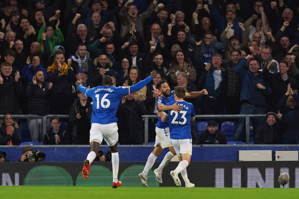 Andros Townsend, mitten, firar. Hans mäktiga distansskott gav Everton ett av tre mål på sju minuter hemma mot Burnley.