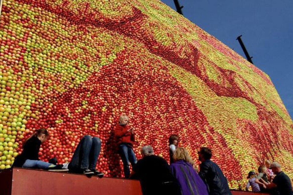 2011: Tavlan ”äppelrike” på marknaden i Kivik är gjord av 35 000 äpplen.