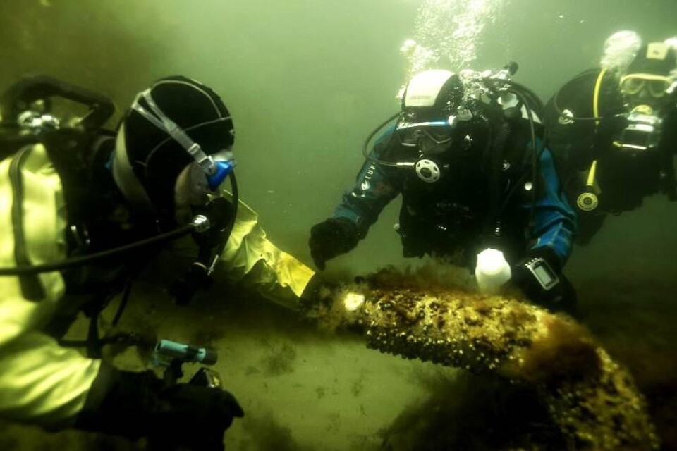Dykare från Havsresan tar prov på utsläppet ur avloppsrören från Nymölla pappersbruk som rinner rakt ut i Hanöbukten.