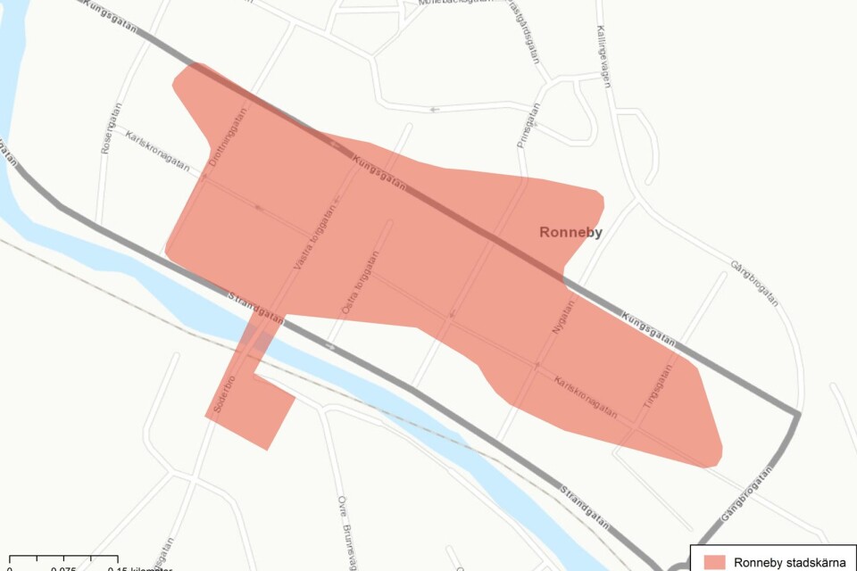 Det rödmarkerade området visar vad Hui Research definierar som Ronnebys stadskärna. Den avgränsas i första hand efter densitet av boende, butiker, restauranger och hotell.