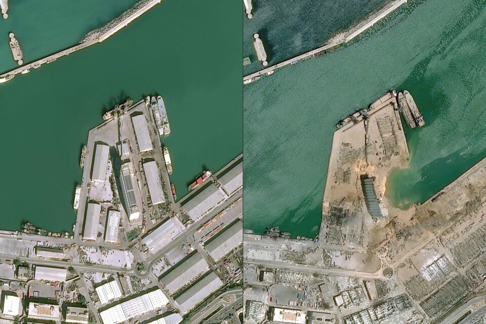 Satellitbilder tagna 25 januari i år och 5 augusti visar förödelsen i hamnen efter explosionen.